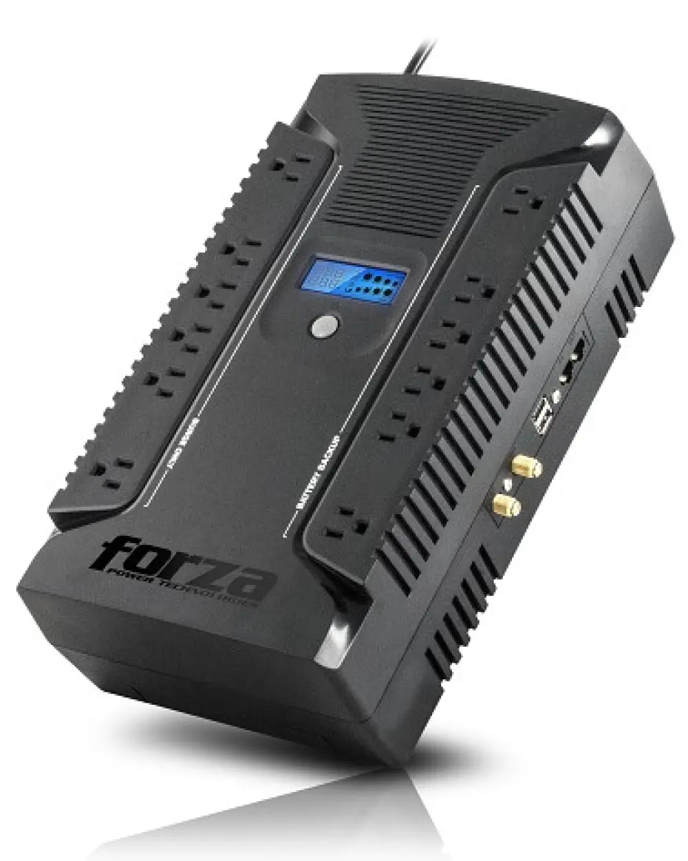 No-Break FORZA HT-1000LCD 1000VA/600W - Pantalla LCD, 12 Contactos 5-15R, Coaxial, 3 Puertos USB (2 USB-A/1 USB-C), Batería Intercambiable, Negro