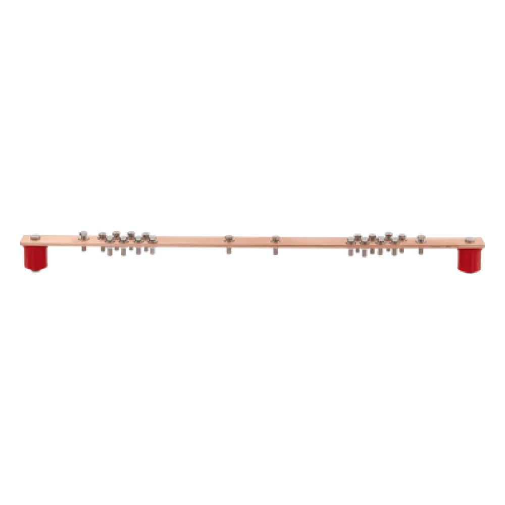 Barra Distribución Tierra Rack 19 in / Cobre 100% / 550A / Aisladores Rojos / 0.64 cm (0.25 in) / J-STD-607-A