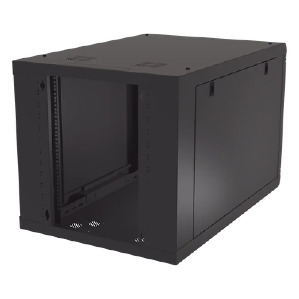 Gabinete de Pared 12U / Profundidad Ajustable 930 mm / Acero Reforzado ANSI/TIA / Carga 100 kg / Cristal Templado / 4 Postes Ajustables