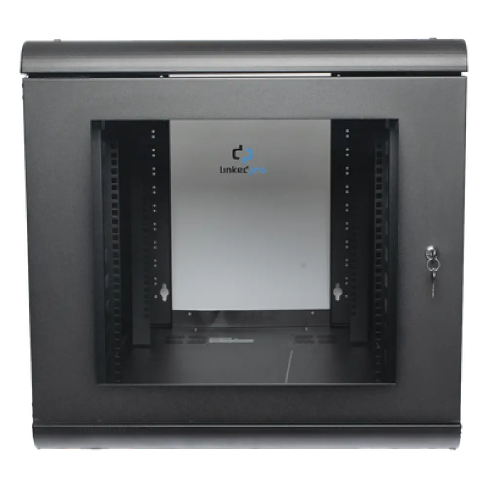 Gabinete de Pared 12U / Profundidad Ajustable 930 mm / Acero Reforzado ANSI/TIA / Carga 100 kg / Cristal Templado / 4 Postes Ajustables