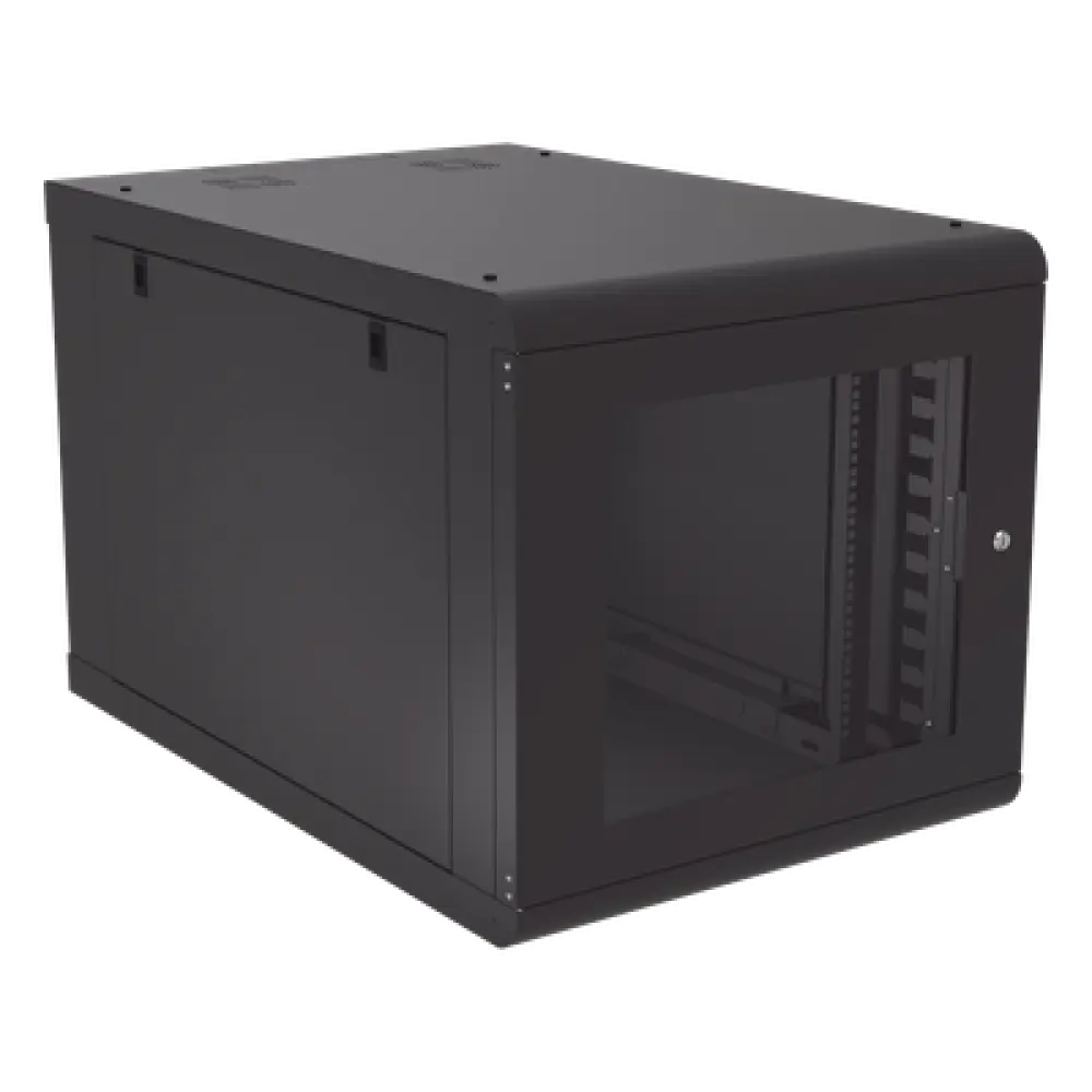 Gabinete de Pared 12U / Profundidad Ajustable 930 mm / Acero Reforzado ANSI/TIA / Carga 100 kg / Cristal Templado / 4 Postes Ajustables