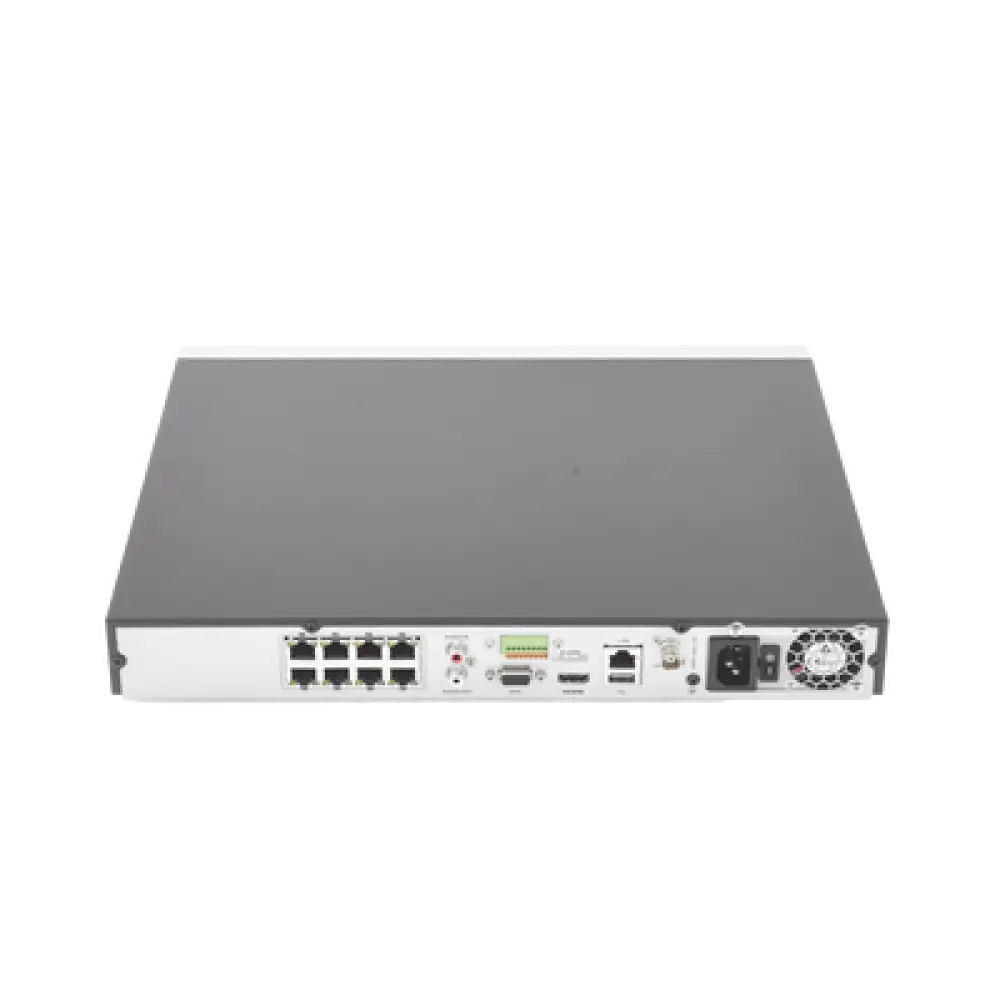 NVR 12 Megapixel (4K) / Reconocimiento Facial / 8 Canales IP / Base de Datos / Hasta 100,000 Fotografías / 8 Puertos PoE+ / 2 Bahías de Disco Duro / Switch PoE 300 mts / Bases de Datos / HDMI en 4K 