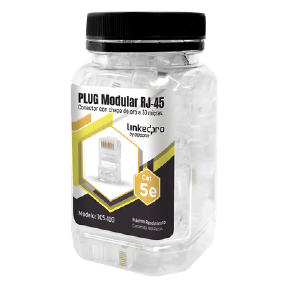 Bote de 100 Conectores RJ45 Cat5e / Sin Blindaje / Chapado Oro 30 Micras / 24 AWG / TIA-568B.2