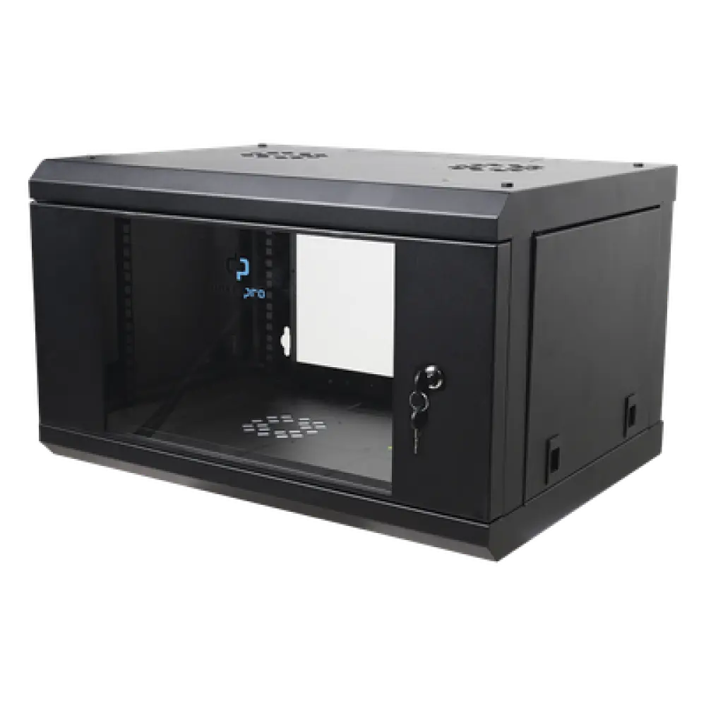 Gabinete de Pared 6U / 19in / 455 mm Profundidad / Cristal Templado / 80 kg Carga / 1.49 x 1.16 x 1.49 pies