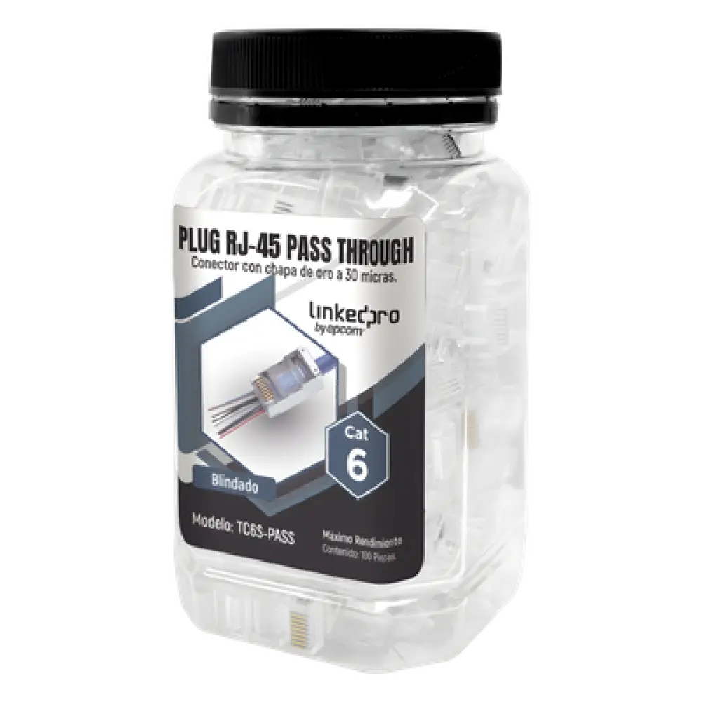 Plugs Pass Through / Cat6 Blindado / Chapado Oro 30μm / 100 Piezas / TIA-568B.2