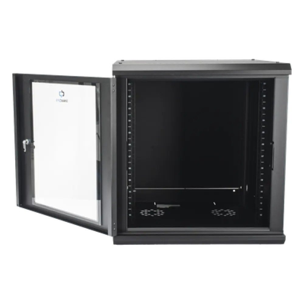 Gabinete Rack de Pared / 12 Unidades / 19 Pulgadas / Carga 100 kg / Vidrio Templado / Acero Calibre 18 / Ventilación Superior 120 mm