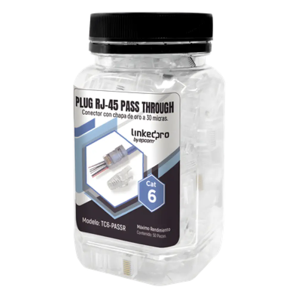 Plugs Pass Through / RJ45 Cat6 / Sin Blindaje / Alivio de Tensión / Chapado Oro 30 Micras / 50 Piezas