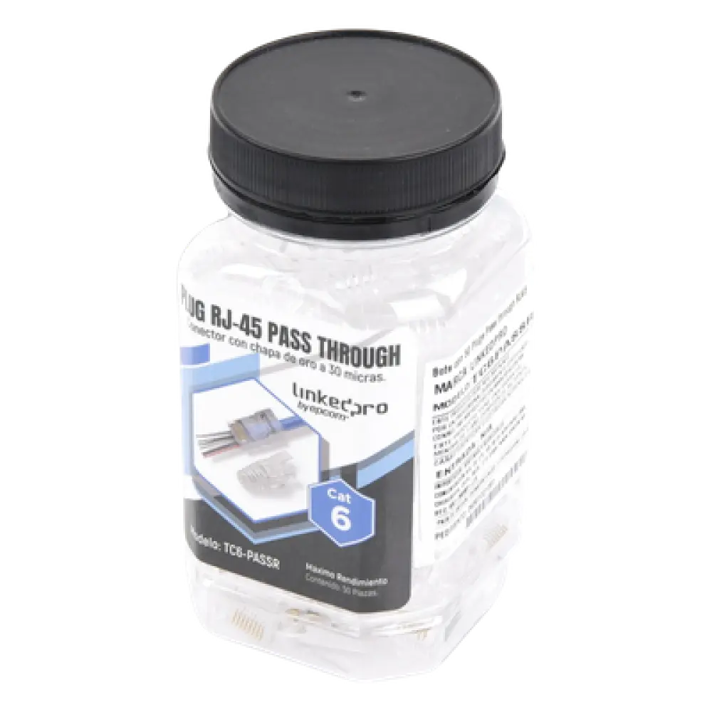 Plugs Pass Through / RJ45 Cat6 / Sin Blindaje / Alivio de Tensión / Chapado Oro 30 Micras / 50 Piezas