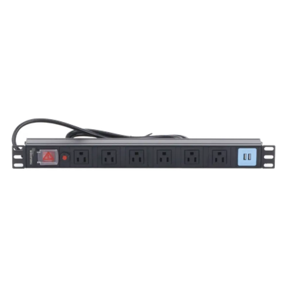 PDU Horizontal / 6 Contactos NEMA 5-15R / 2 Puertos USB 5V/2.1A / 1UR / 19" / 1875 W / Cable 1.80 m (5.9 ft)
