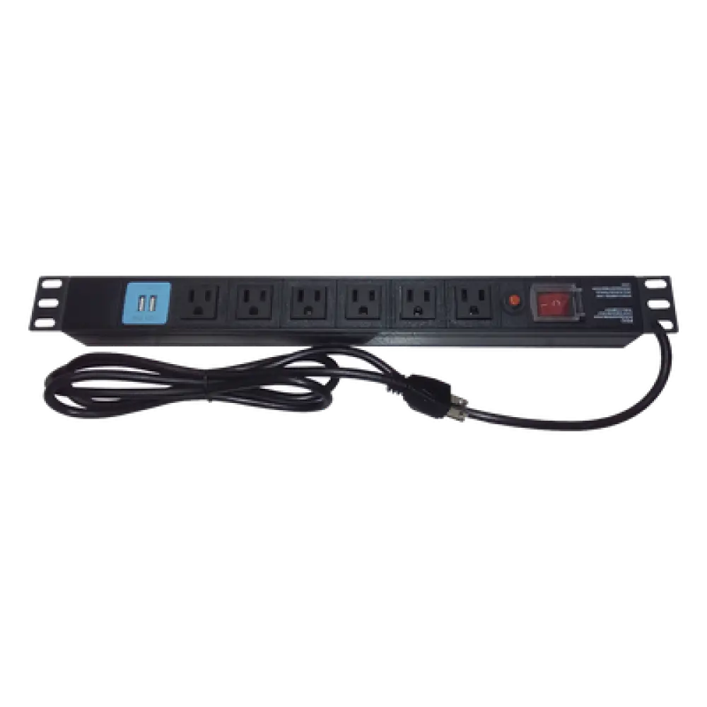 PDU Horizontal / 6 Contactos NEMA 5-15R / 2 Puertos USB 5V/2.1A / 1UR / 19" / 1875 W / Cable 1.80 m (5.9 ft)