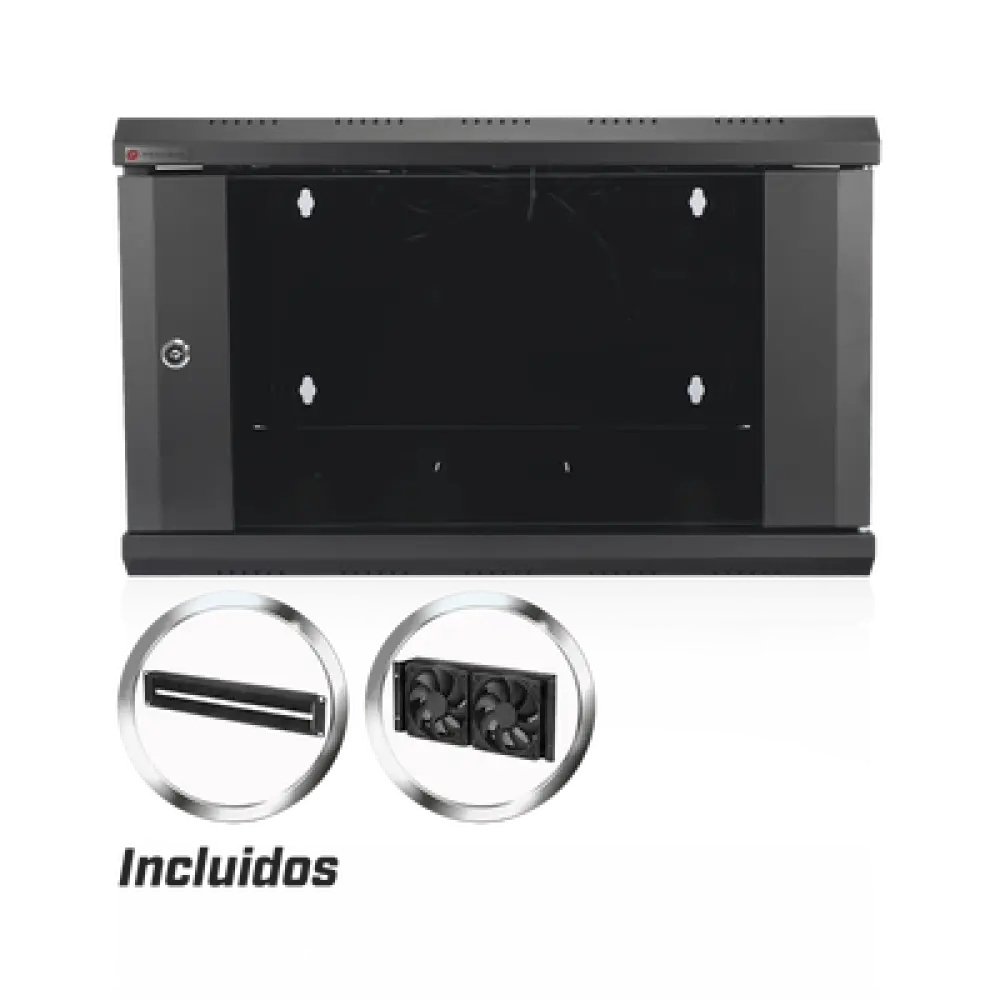 Gabinete de Pared / 6U / 19 Pulgadas / 600 x 550 x 382 mm / Cristal Templado 5 mm / Carga 60 kg / IP20