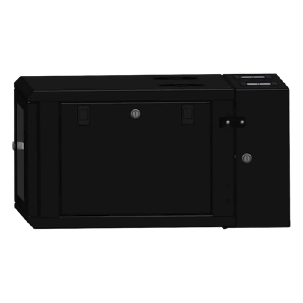 Gabinete Rackeable de Pared / 6U / 19 Pulgadas / Puerta de Cristal / Abatible 120° / Carga 80 kg / Ventilación 120 mm