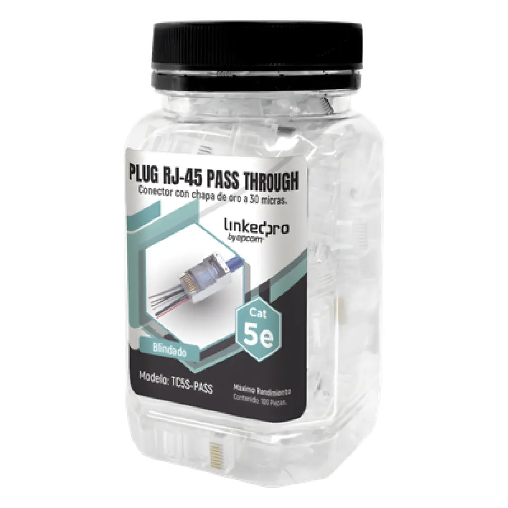 Bote de Plugs Pass Through RJ45 / Cat5e Blindado / Chapado Oro 30 Micras / 24AWG / 100 Piezas