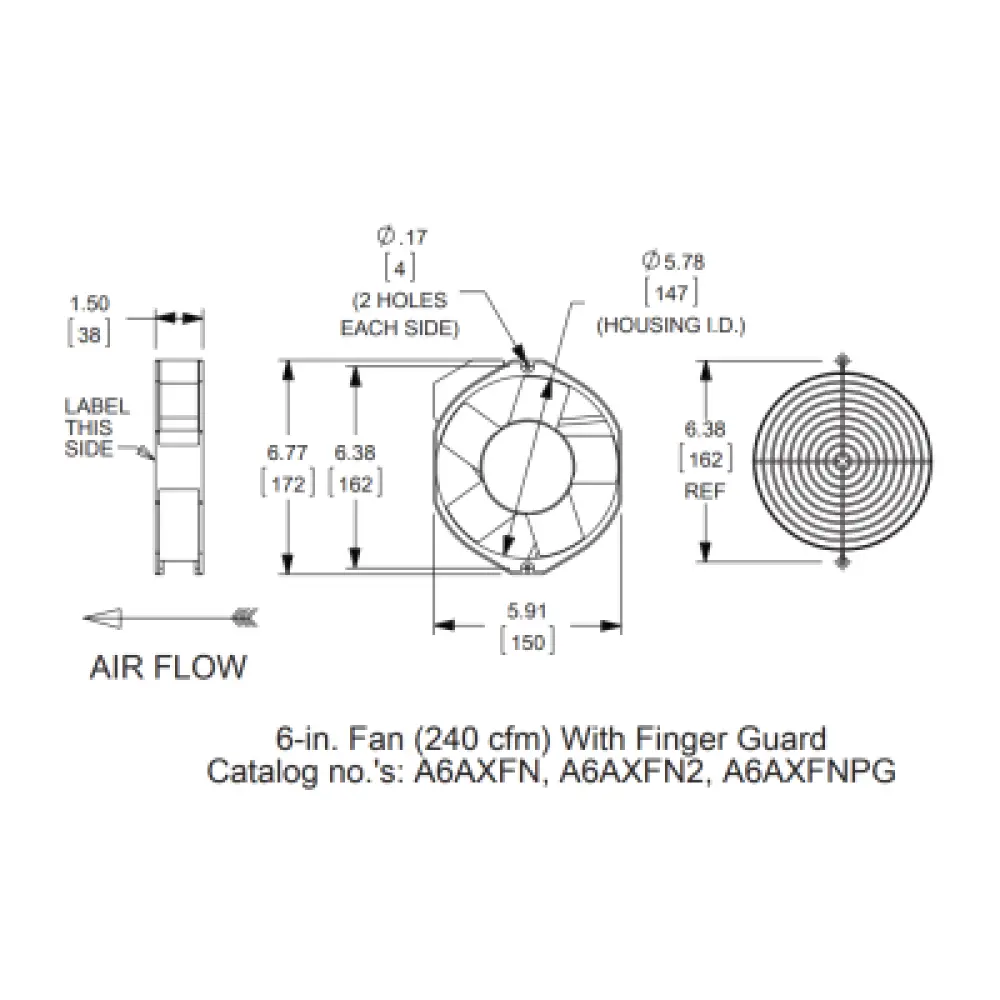 Ventilador Axial Compacto / 6 Pulgadas (152 mm) / 115 VAC / 102 CFM (173 m³/h) / 50,000 Horas / Operación Silenciosa / IP para Gabinetes