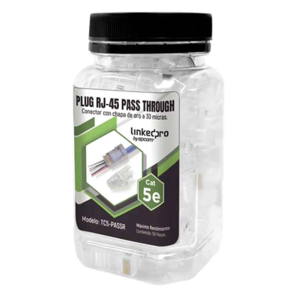 Plugs Pass-Through RJ45 / Cat5e / Sin Blindaje / Alivio de Tensión Integrado / Chapado Oro 30 Micras / 24 AWG / TIA-568B.2