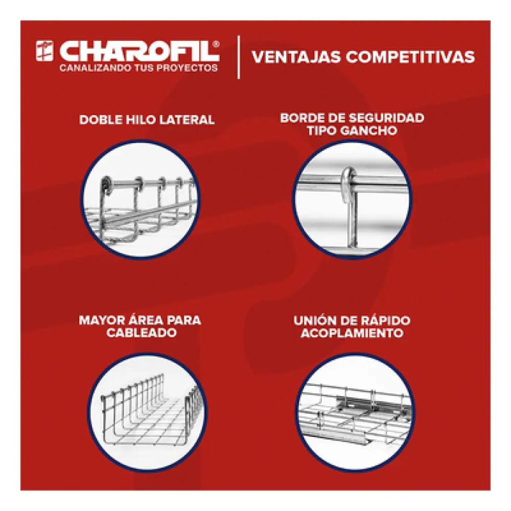 Charola Tipo Malla / 66 mm Peralte / 400 mm Ancho / 3 m Longitud / 420 Cables Cat6 / Electro Zinc 15-20 μm / 9.84 ft Tramo