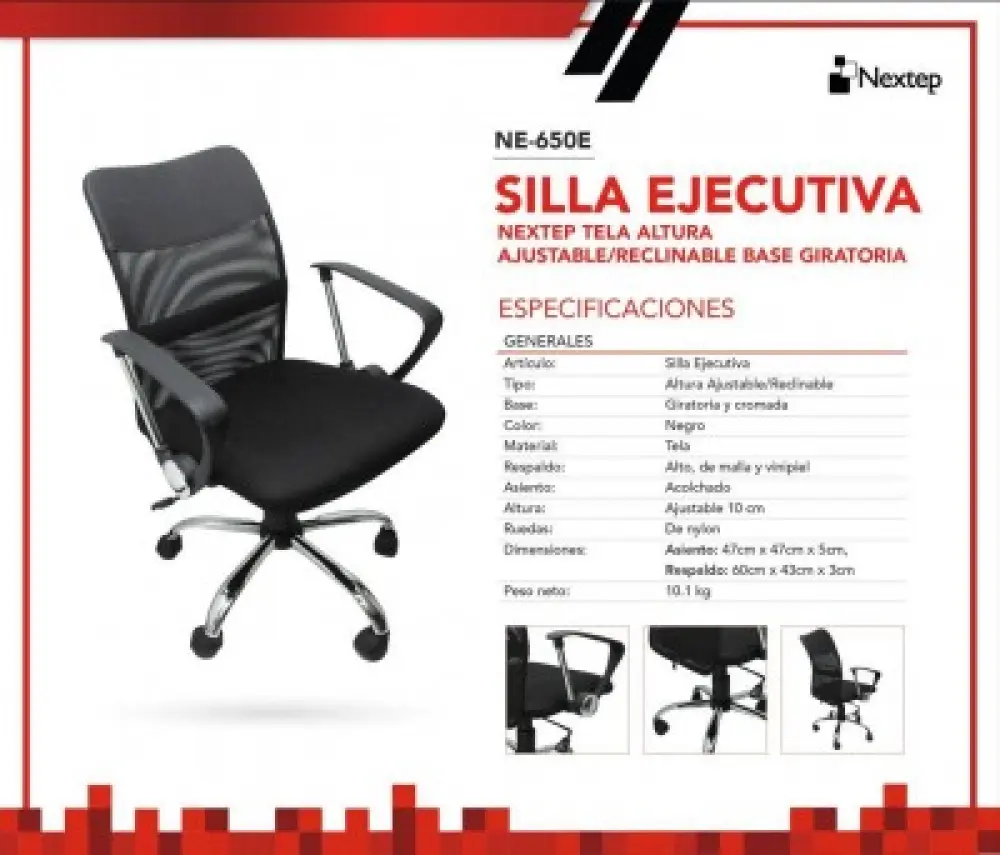 Silla Ejecutiva NEXTEP NE-650E Altura Ajustable y Reclinable Giratoria y Cromada, Color Negro.