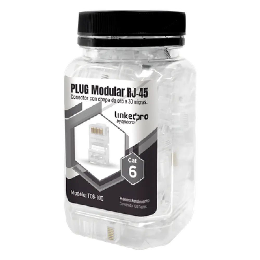 Plug Modular RJ45 / Cat6 / Sin Blindaje / 23AWG / Chapado Oro 30 Micras / 100 Piezas