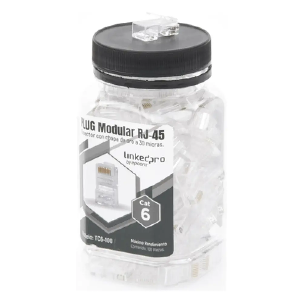 Plug Modular RJ45 / Cat6 / Sin Blindaje / 23AWG / Chapado Oro 30 Micras / 100 Piezas