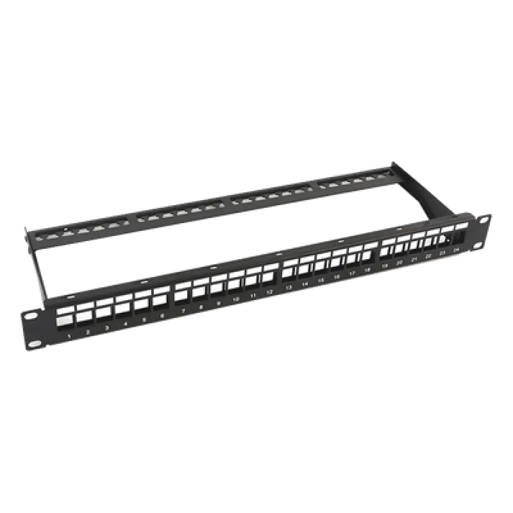 Patch Panel / 24 Puertos / 1U Rack / Acero al Carbono / Barra Organizadora / 19"