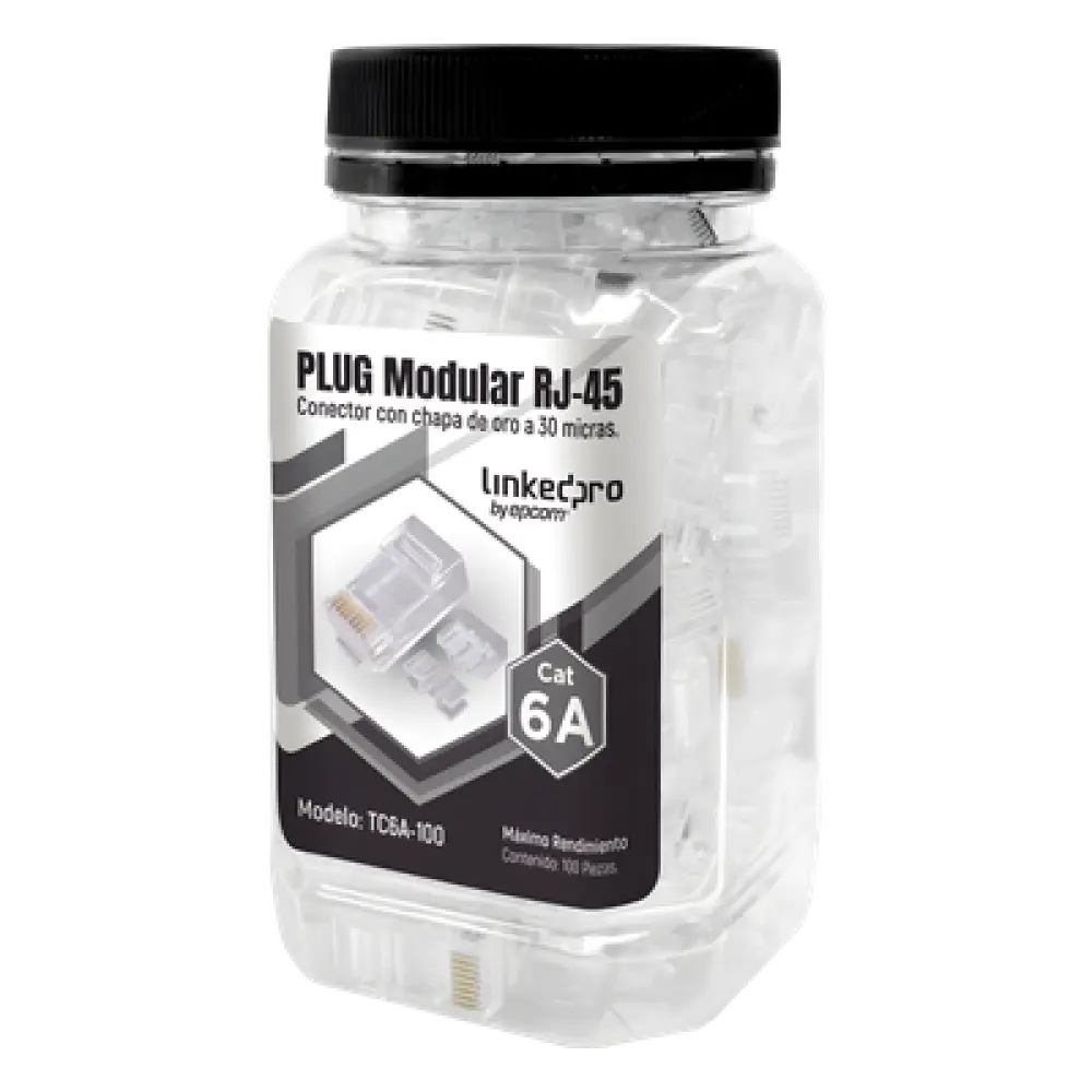 Plug RJ45 / Cat6A / 100 piezas / Chapado oro 30 micras / 10GBASE-T / TIA-568B.2