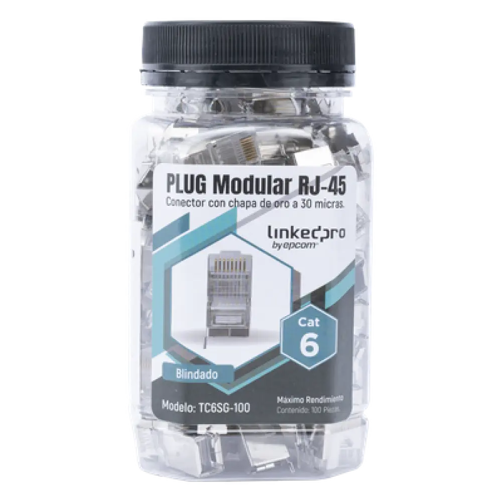 Plug Modular RJ45 / Cat6 Blindado / Pin de Tierra / Chapado Oro 30 Micras / 23 AWG / 100 Piezas