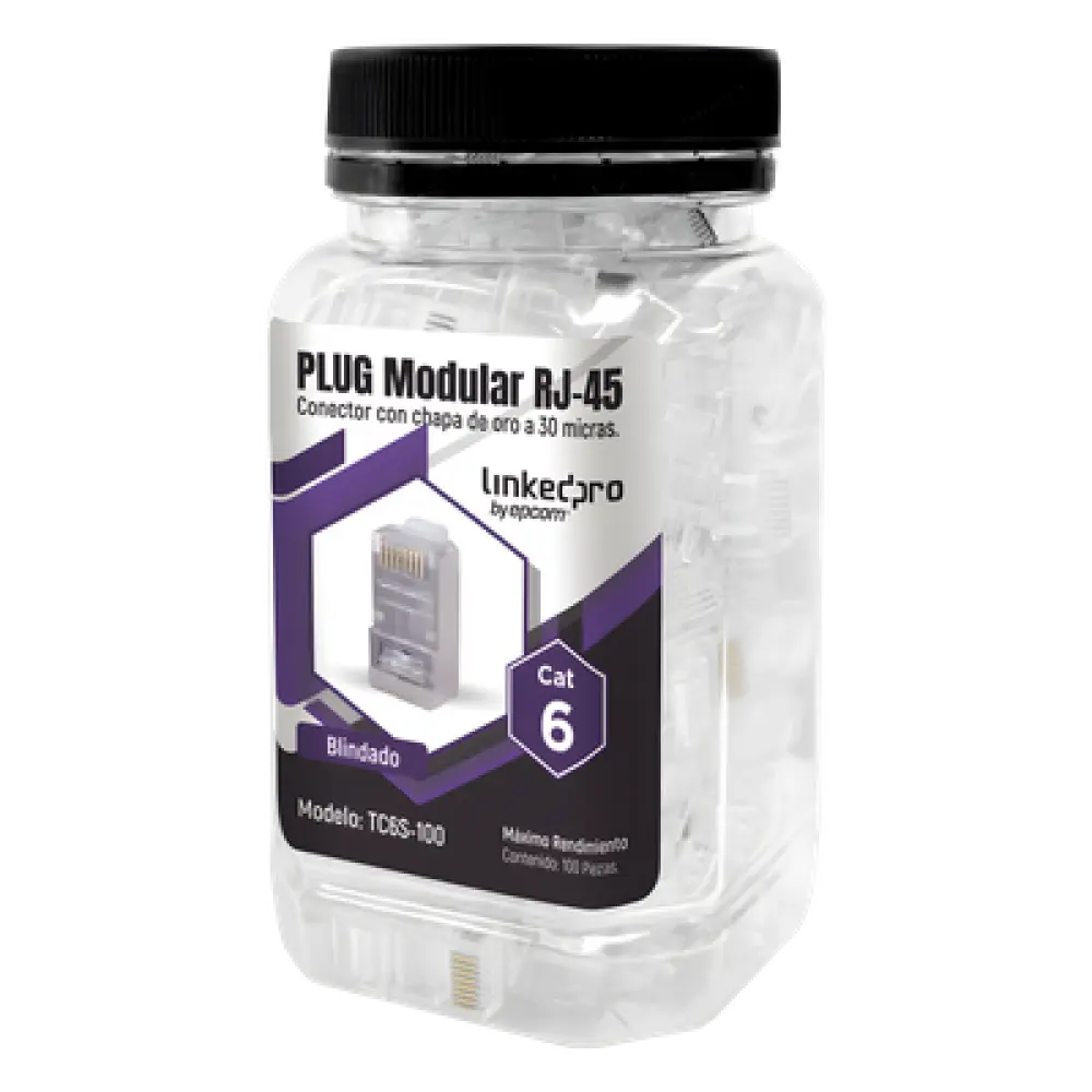 Plug Modular RJ45 / Cat6 Blindado / Chapado Oro 30µ / 23AWG / Sin Pin Tierra / 100 Piezas