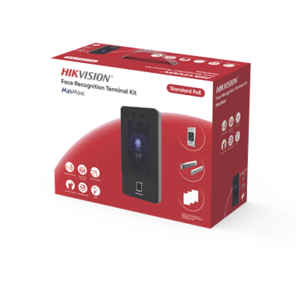 Kit Terminal Control de Acceso / Reconocimiento Facial 1500 Rostros / 3000 Huellas + 3000 Tarjetas / Pantalla Táctil 4.3" / 2 Megapixel Gran Angular / PoE+ / Alimentación Cerradura 12VDC/1A / IP65 / Wi-Fi / Audio Bidireccional / Reconocimiento con Mascarilla / -30°C a 60°C