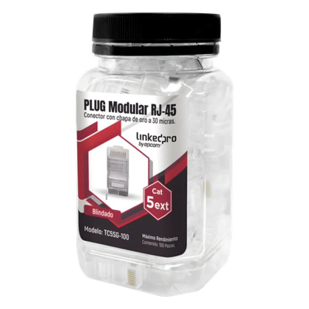 Plug Modular RJ45 Cat5e Blindado / 100 Piezas / Chapado Oro 30μ / Pin Tierra / 24AWG