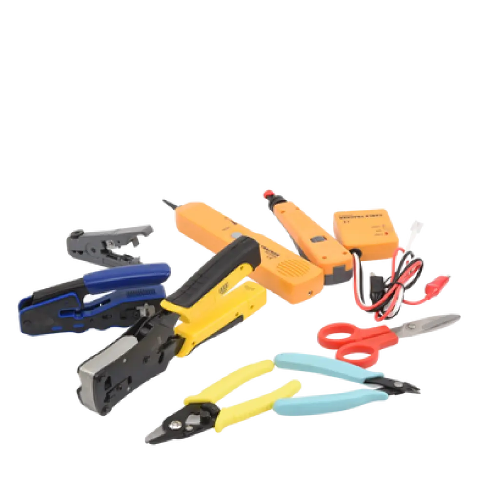 Kit de Herramientas para Instalador de Redes / 9 Piezas / Pinza Pelacables con Probador / Ponchadora Pass Through / Rastreador de Cable / Bolsa 21x11.5x3.4 cm