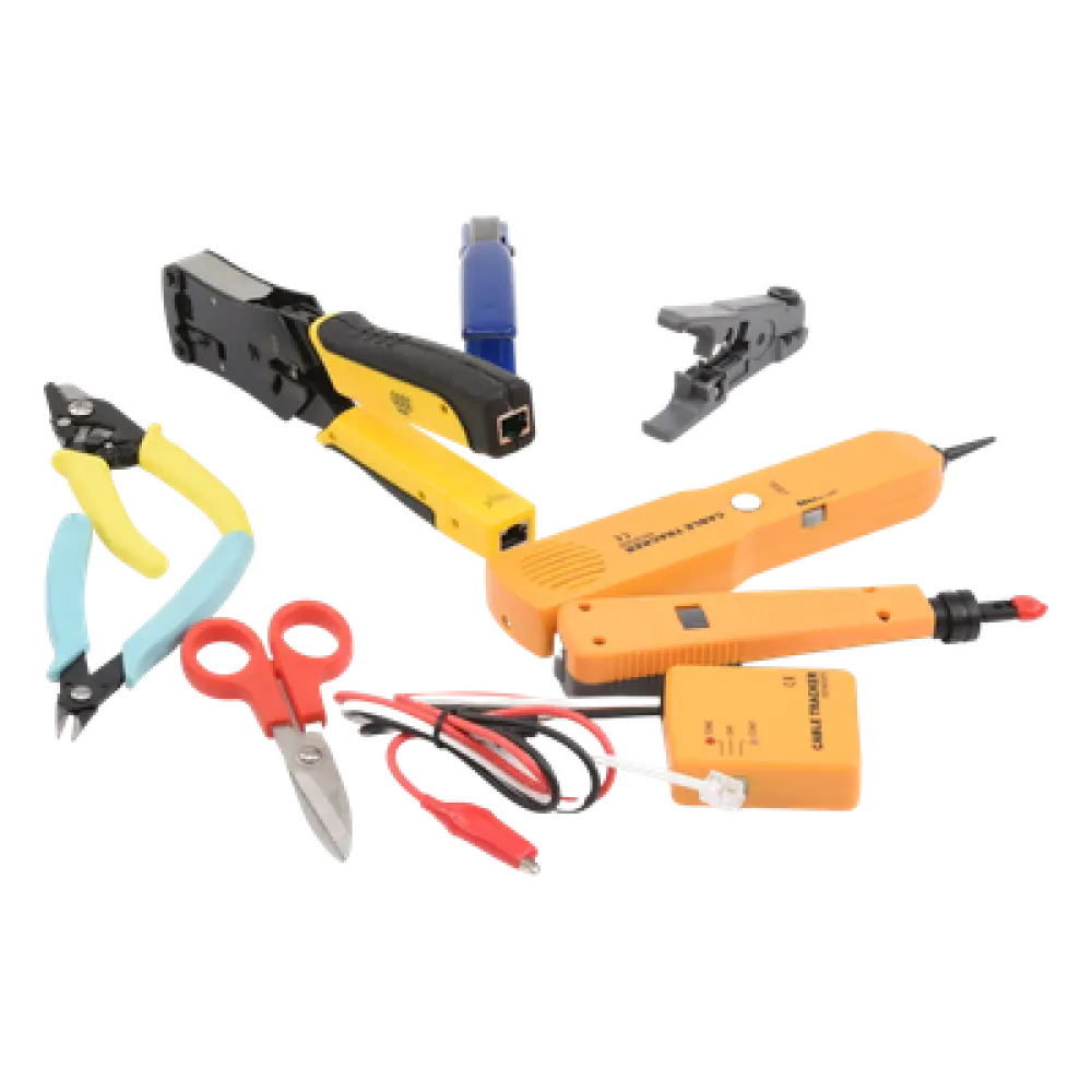 Kit de Herramientas para Instalador de Redes / 9 Piezas / Pinza Pelacables con Probador / Ponchadora Pass Through / Rastreador de Cable / Bolsa 21x11.5x3.4 cm