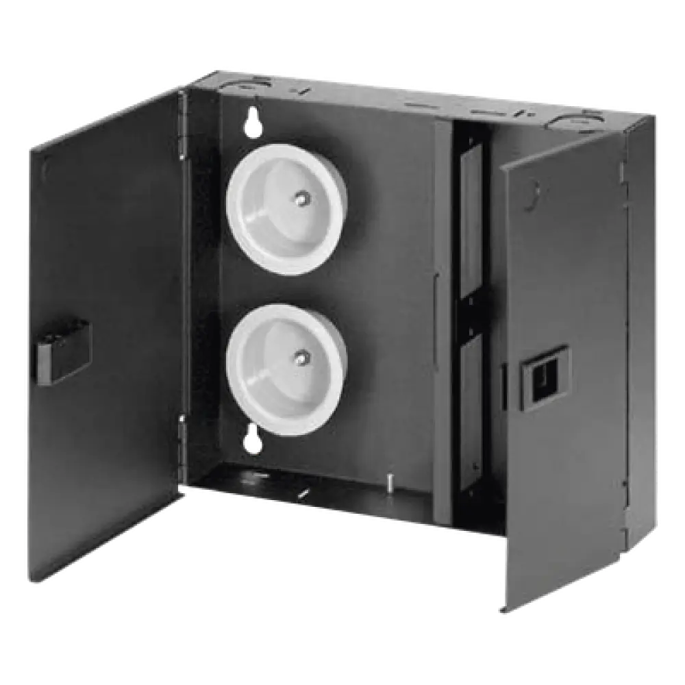Caja de Conexión de Fibra Óptica / Montaje en Pared / 2 Placas FAP o FMP / Hasta 48 Fibras / Área de Bobinado Integrada / Cierre con Opción de Cerradura