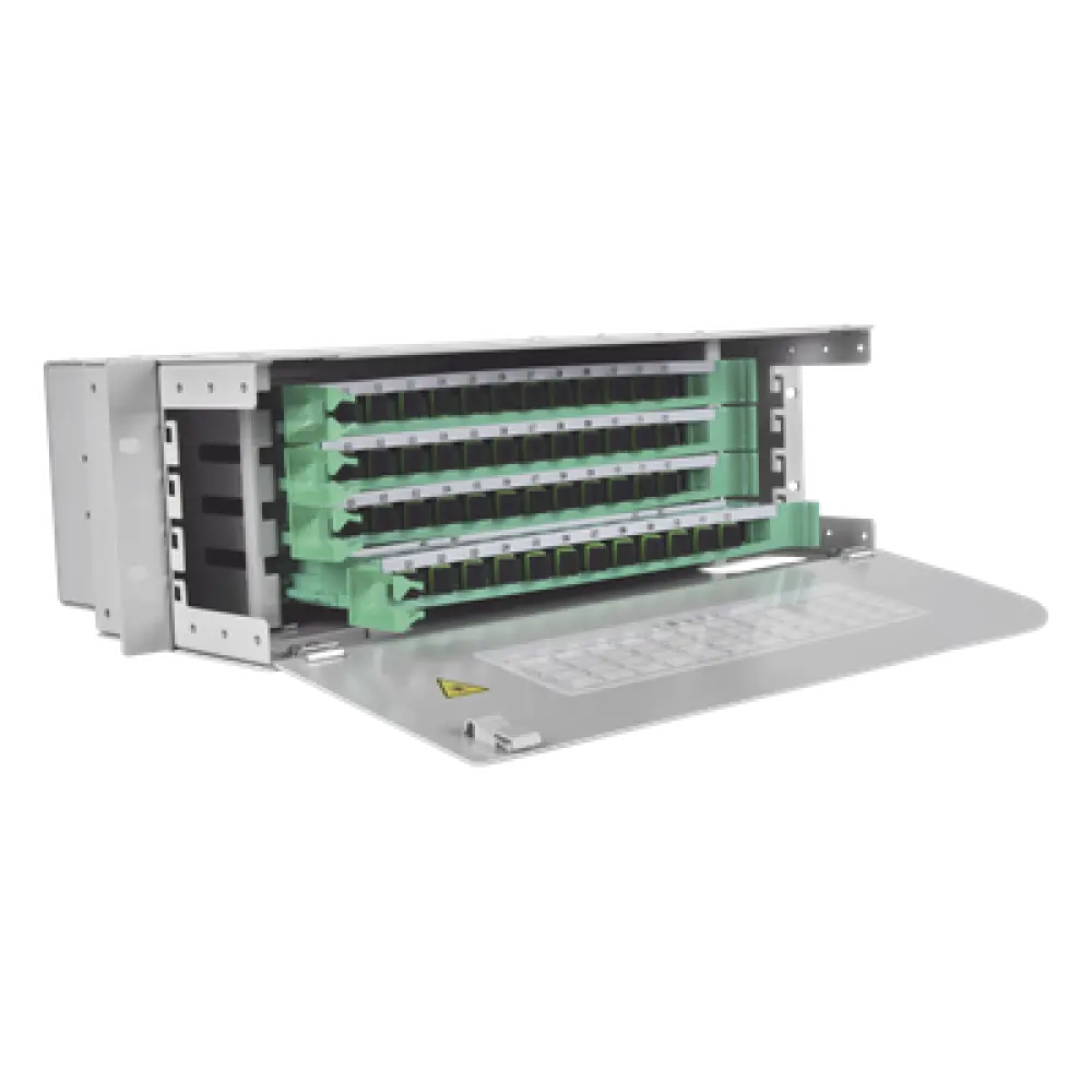 Distribuidor de Fibra Óptica / 48 Empalmes / 48 Acopladores SC/APC / 48 Pigtails 1.5 m / Rack 19' / 3 UR / 250 mm Profundidad