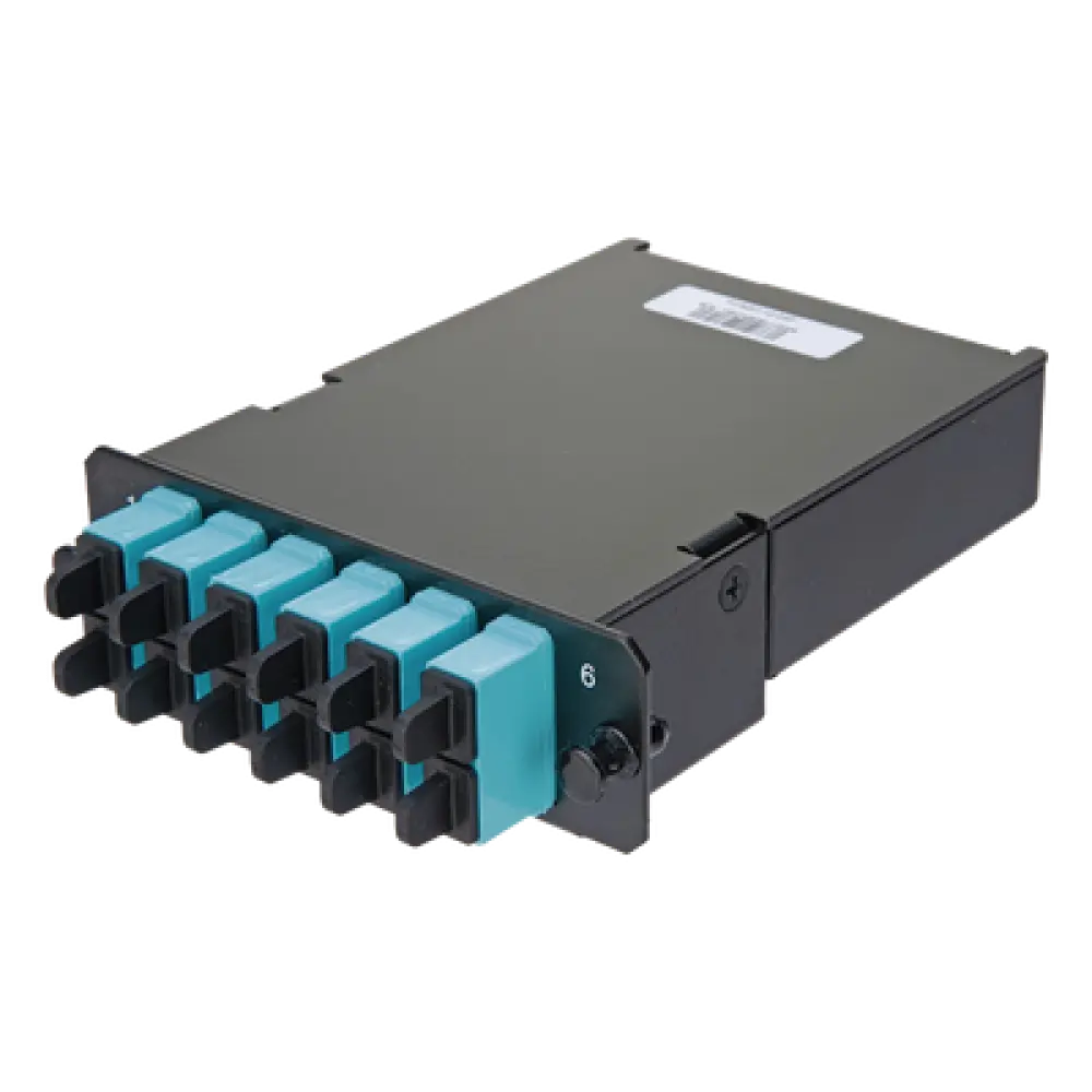 Placa Acopladora de Fibra Óptica FAP / 12 Fibras Multimodo OM3/OM4 / 6 Conectores SC Duplex / 12 Pigtails de 1 m (3.28 ft) / Color Aqua