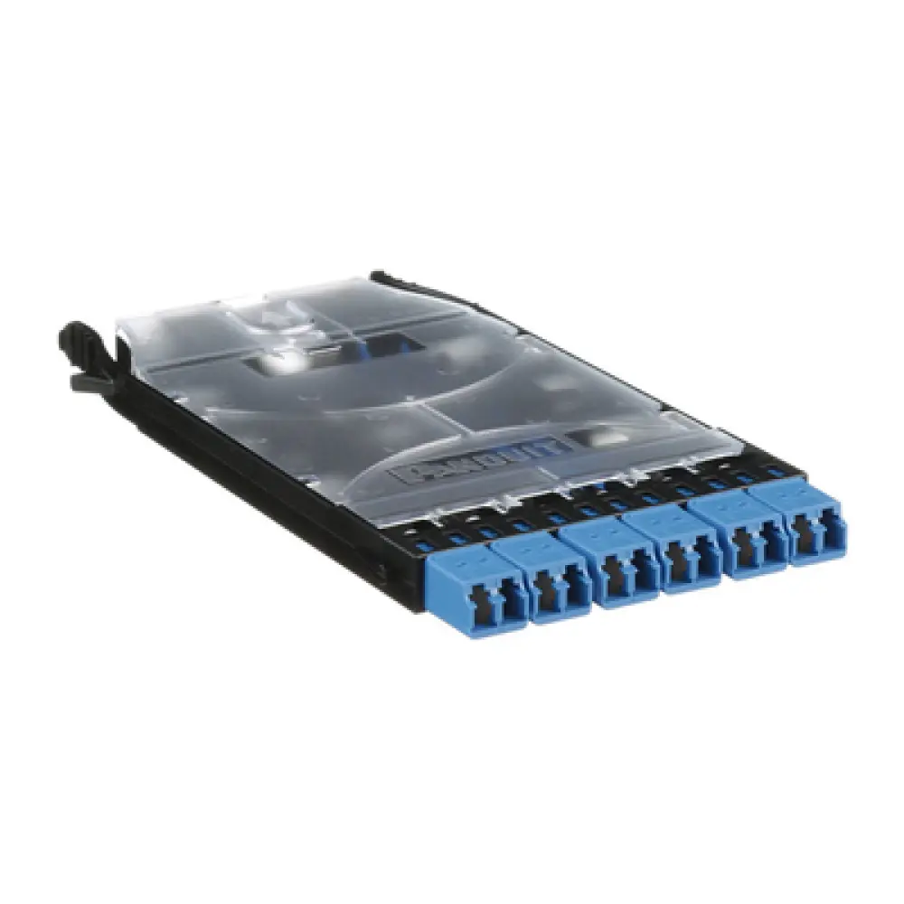 Cassette de Fibra Óptica / 6 Puertos LC Duplex / 12 Fibras Monomodo OS2 / Empalme por Fusión / 500 Ciclos de Conexión / 0.35 dB Pérdida de Inserción