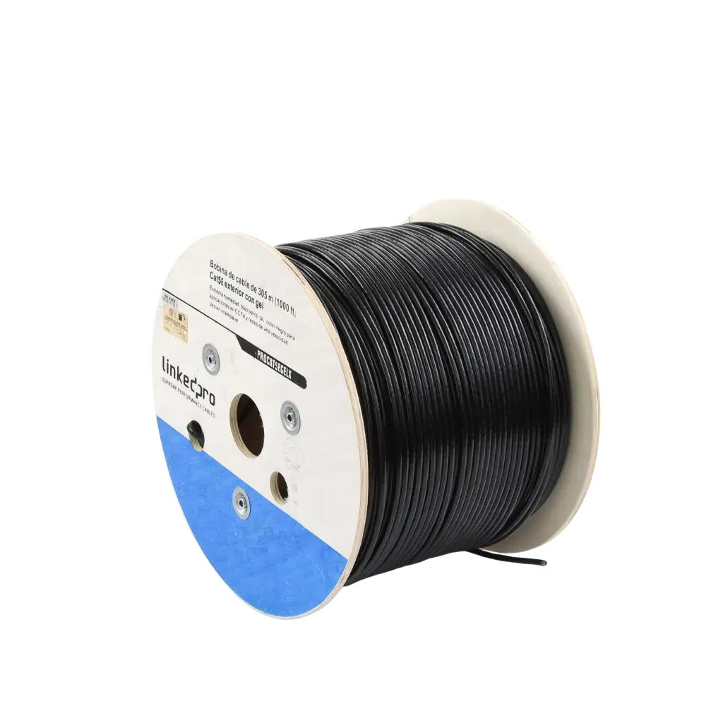 Bobina de Cable de 305 Metros (1000 Pies), Cat5E, con Gel, para Intemperie, Doble Forro Extrema Humedad, Bajo Tierra, UL, Color Negro para Aplicaciones en Video Vigilancia, y Redes de Alta Velocidad.