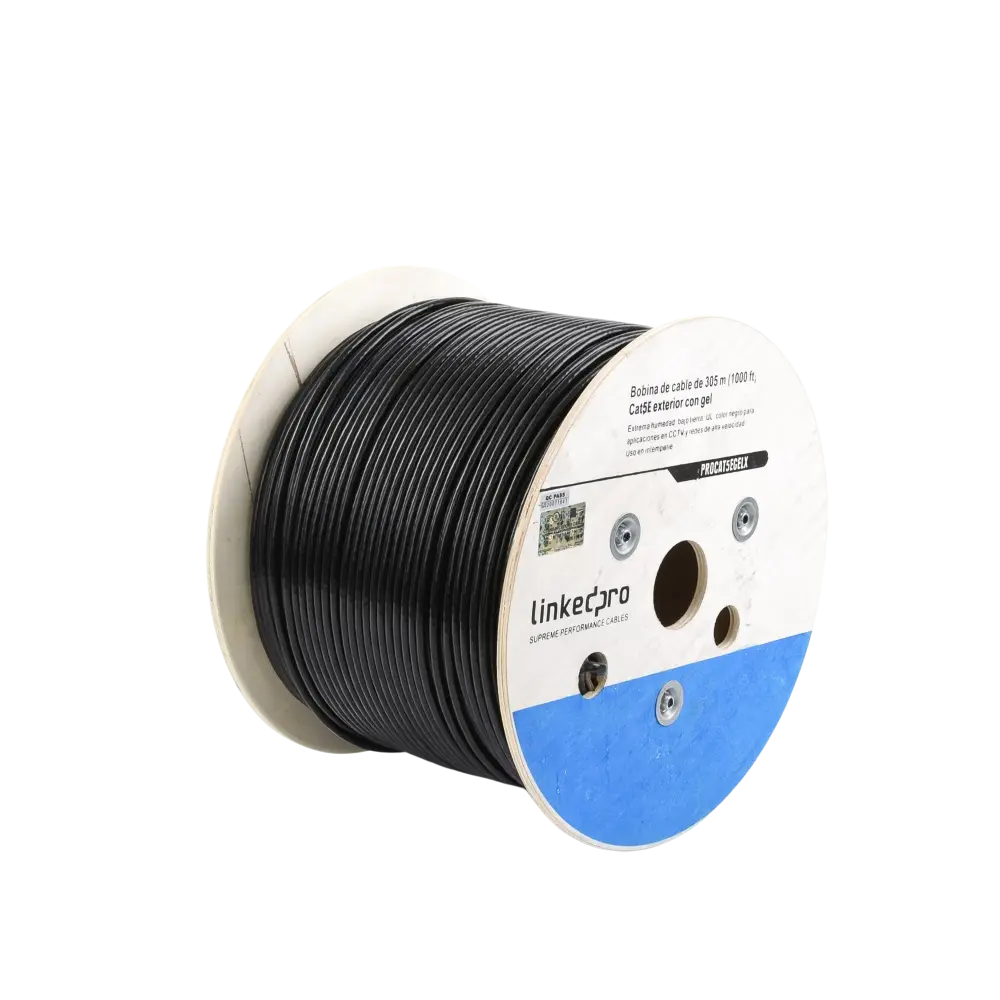 Bobina de Cable de 305 Metros (1000 Pies), Cat5E, con Gel, para Intemperie, Doble Forro Extrema Humedad, Bajo Tierra, UL, Color Negro para Aplicaciones en Video Vigilancia, y Redes de Alta Velocidad.