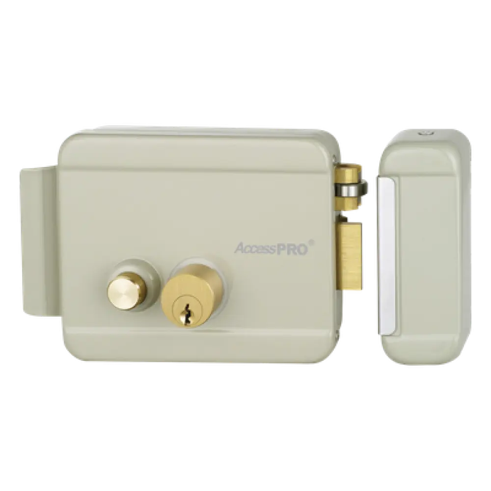 Cerradura Eléctrica con Botón de Salida / Doble Cerrojo / Exterior Derecha / 12 VCA 2.5A / Compacta 129 x 103 x 38 mm