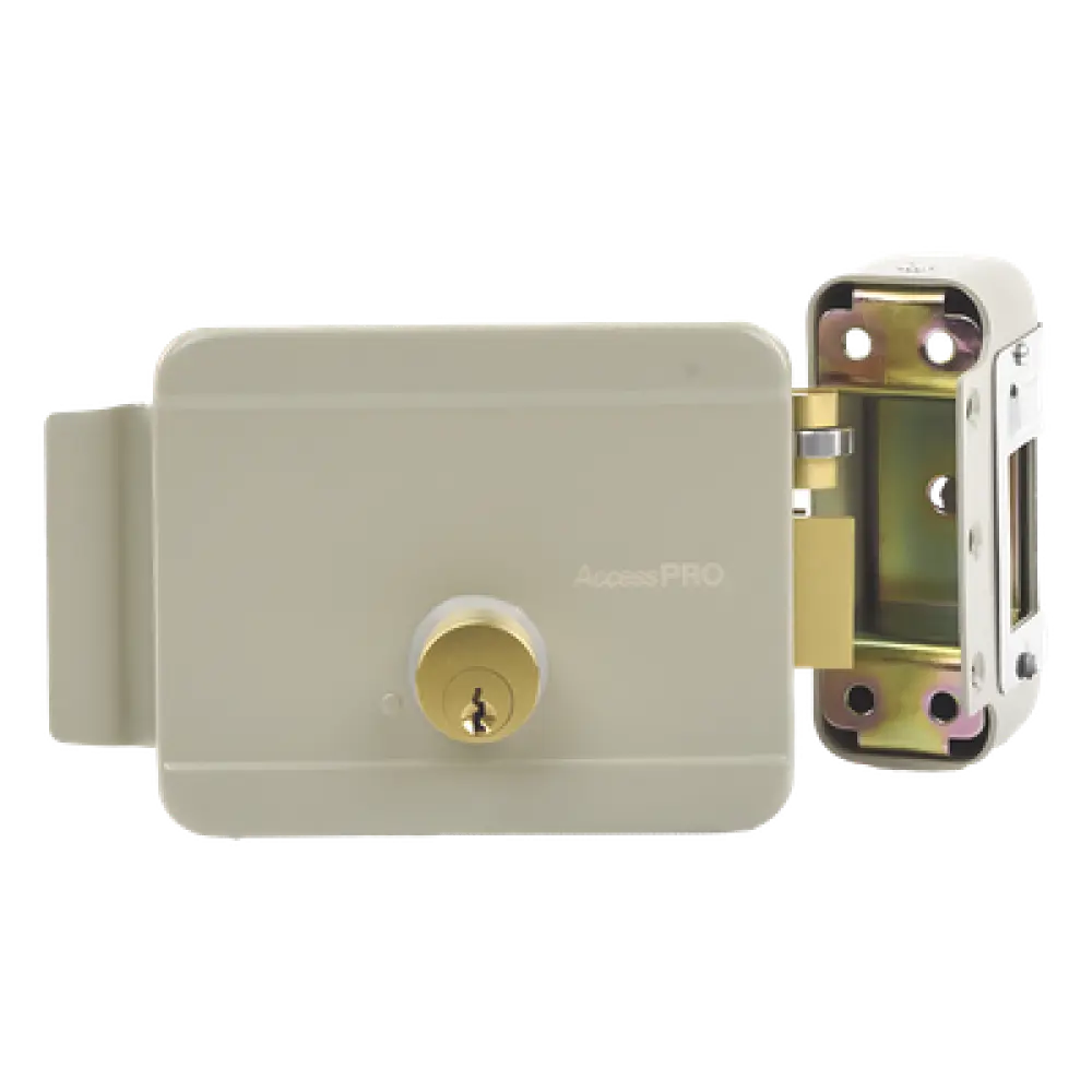 Cerradura Eléctrica / 12 VCA 2.5 A / Doble Cerrojo / Activación por Pulso 2 s / Exterior / Derecha / 129 x 103 x 38 mm