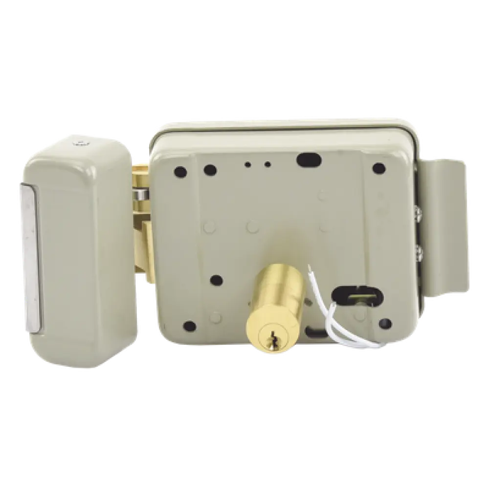 Cerradura Eléctrica / 12 VCA 2.5 A / Doble Cerrojo / Activación por Pulso 2 s / Exterior / Derecha / 129 x 103 x 38 mm