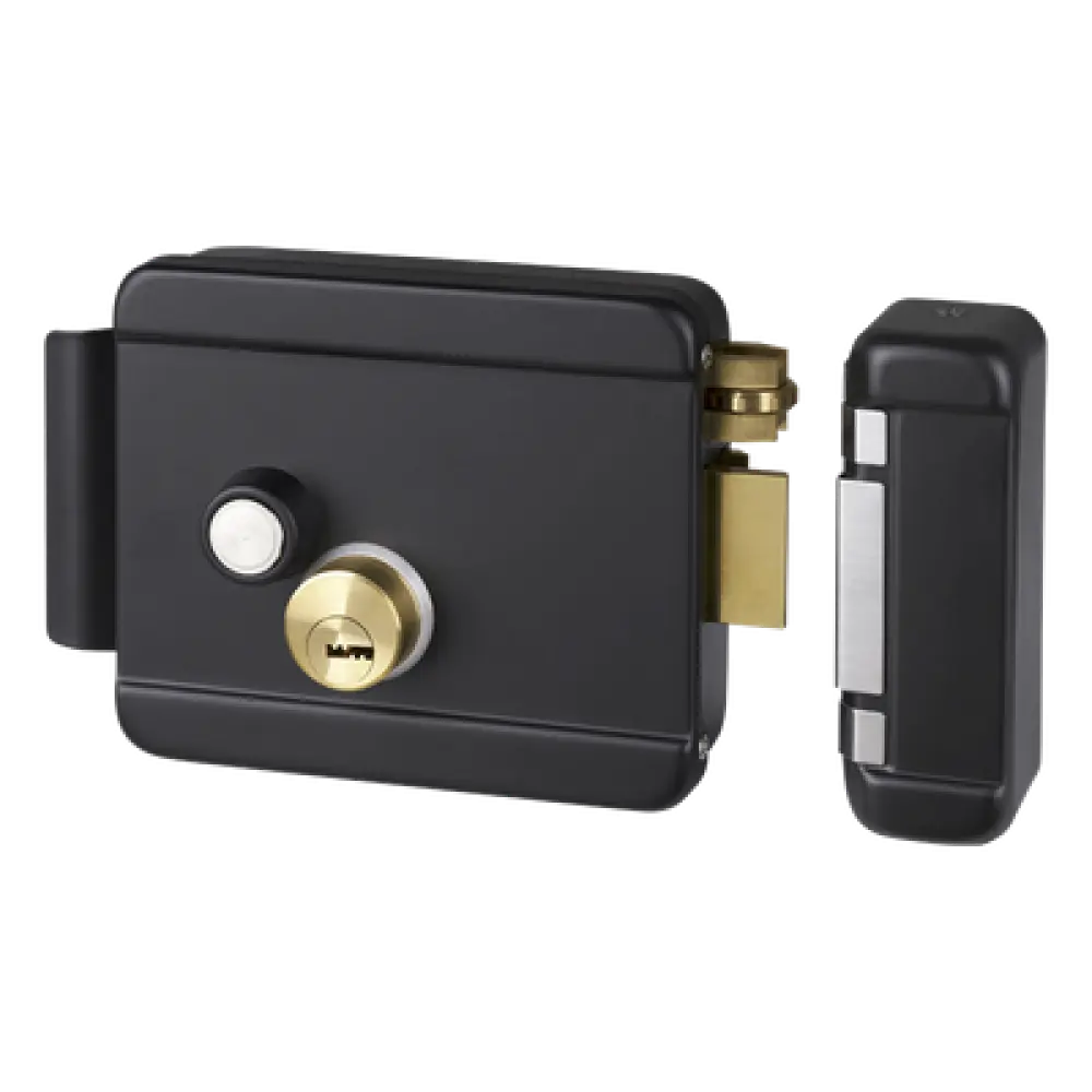 Cerradura Eléctrica con Botón de Salida / Doble Cerrojo / 12 VCD / Exterior / Apertura Derecha / 129 x 103 x 38 mm