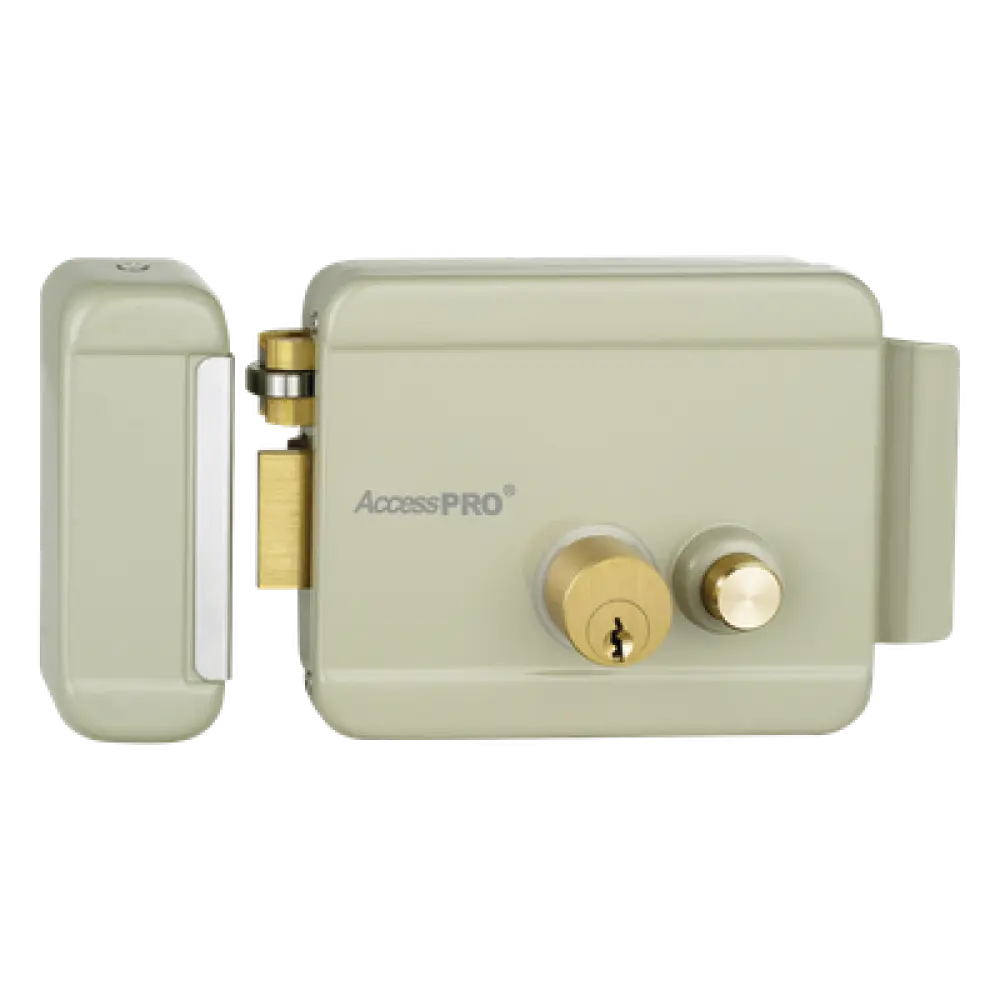 Cerradura Eléctrica con Botón de Salida / Doble Cerrojo / 12 VCA 2.5 A / Pulsos de 2 Seg / Exterior Izquierda