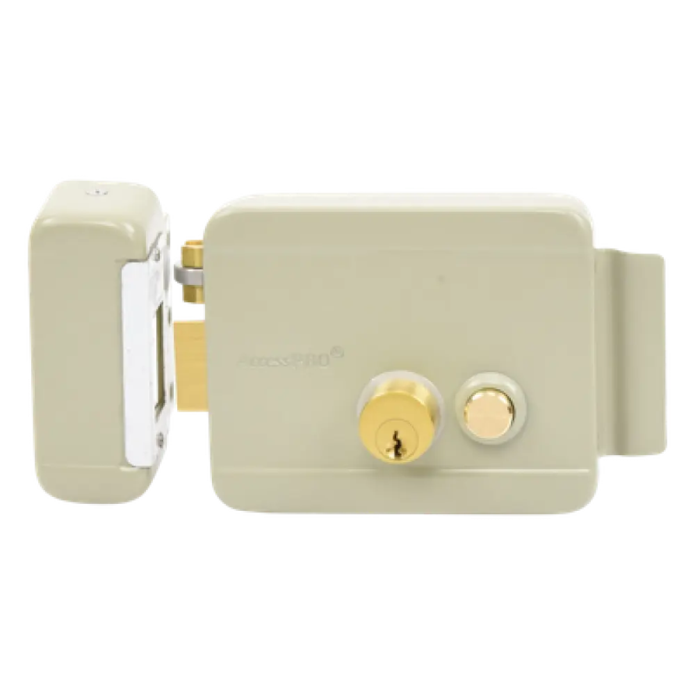 Cerradura Eléctrica con Botón de Salida / Doble Cerrojo / 12 VCA 2.5 A / Pulsos de 2 Seg / Exterior Izquierda