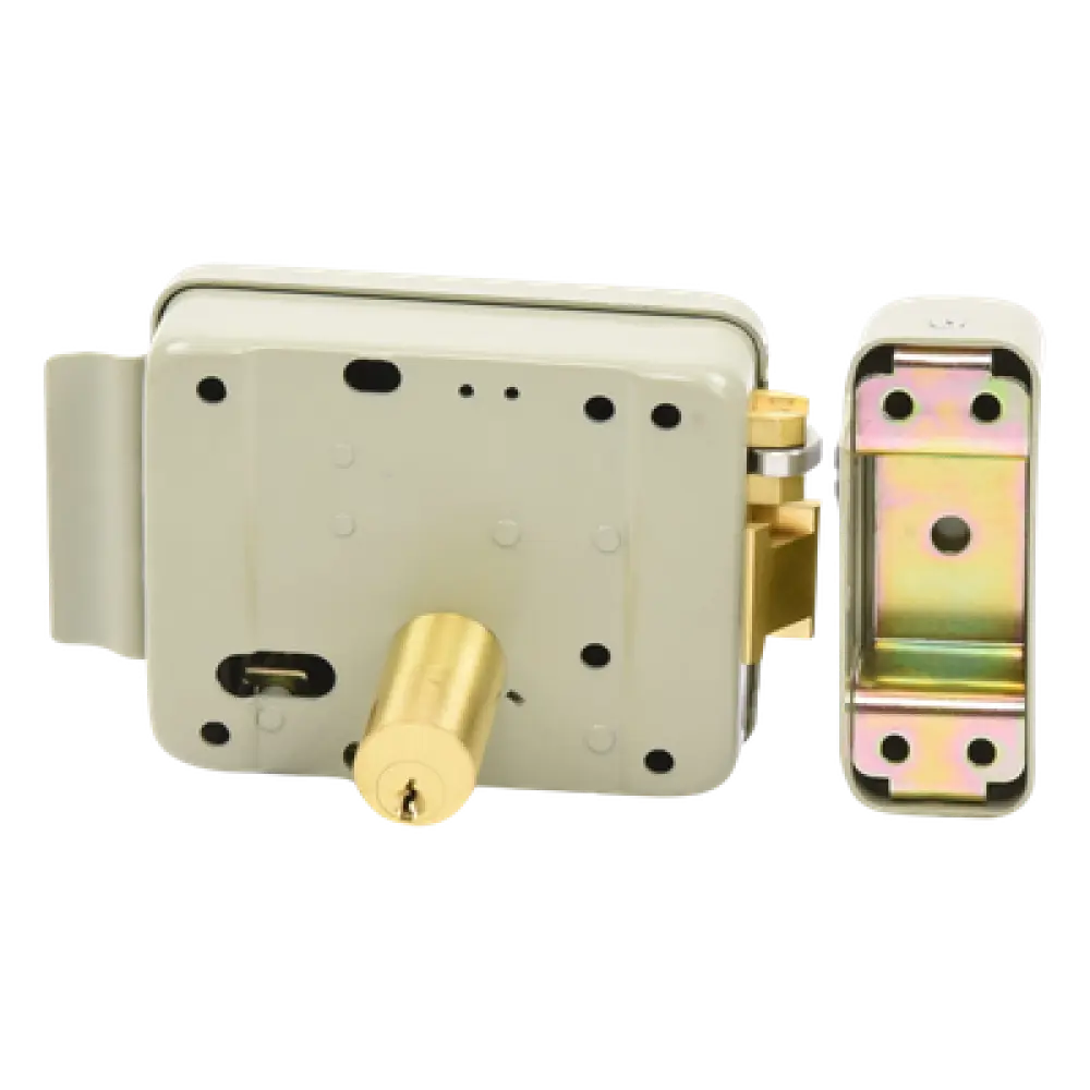 Cerradura Eléctrica con Botón de Salida / Doble Cerrojo / 12 VCA 2.5 A / Pulsos de 2 Seg / Exterior Izquierda