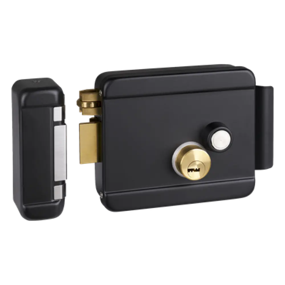 Cerradura Eléctrica con Botón de Salida / Doble Cerrojo / 12 VDC 2.5 A / Activación por Pulso 2 s / Exterior Izquierda / Cuerpo 129 x 103 x 38 mm