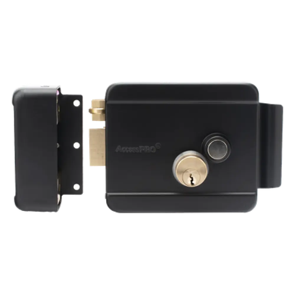 Cerradura Eléctrica con Botón de Salida / Doble Cerrojo / 12 VDC 2.5 A / Activación por Pulso 2 s / Exterior Izquierda / Cuerpo 129 x 103 x 38 mm