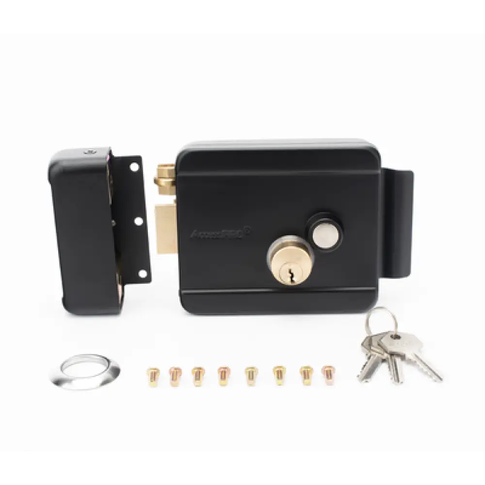 Cerradura Eléctrica con Botón de Salida / Doble Cerrojo / 12 VDC 2.5 A / Activación por Pulso 2 s / Exterior Izquierda / Cuerpo 129 x 103 x 38 mm