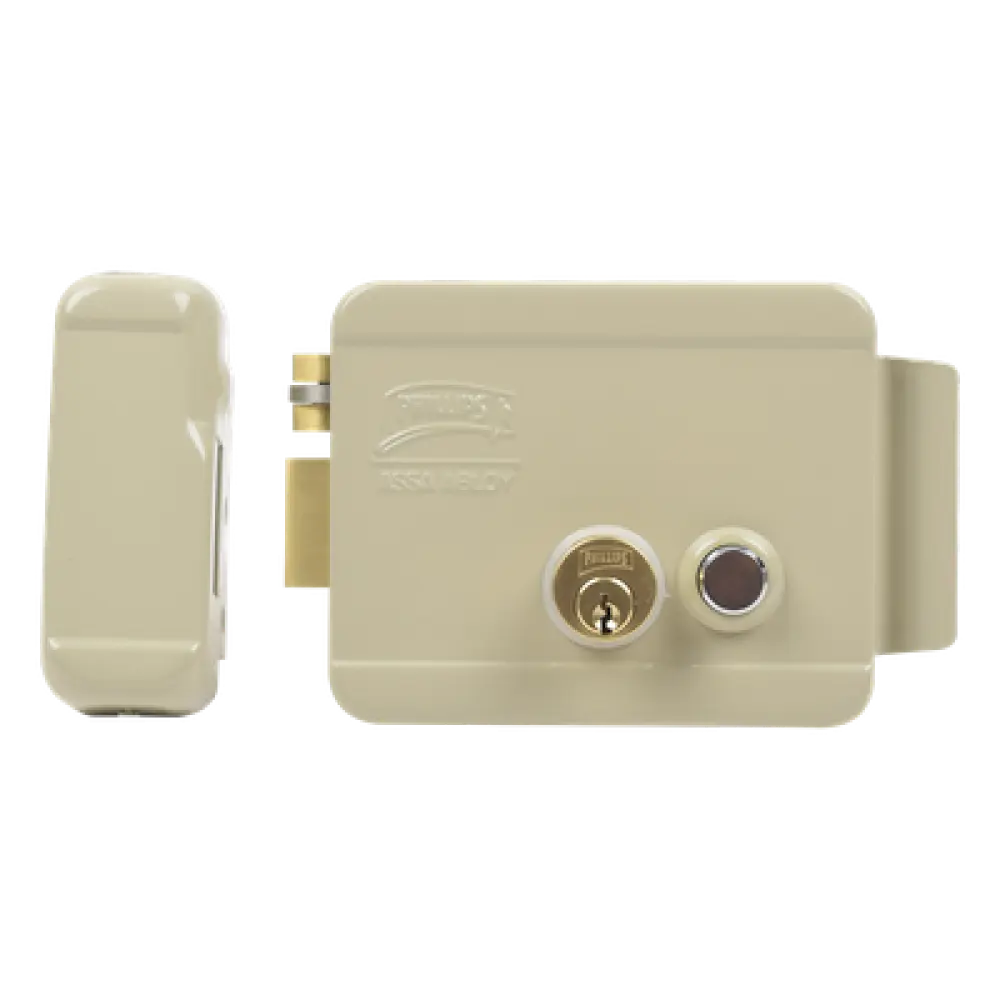 Cerradura Eléctrica / Doble Cerrojo / 12 VCC/VCA / Consumo 2 A/4 A / Botón Integrado / Izquierda / Exterior