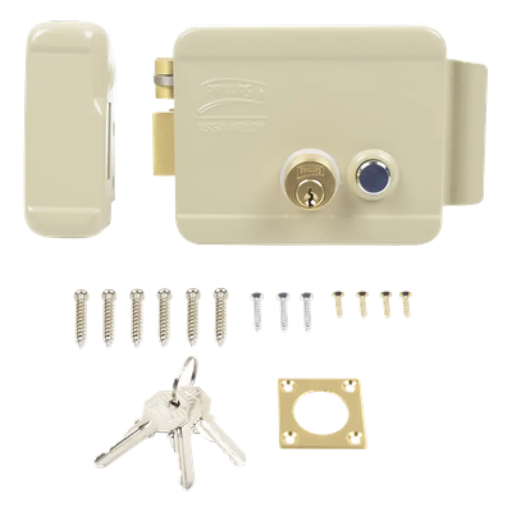 Cerradura Eléctrica / Doble Cerrojo / 12 VCC/VCA / Consumo 2 A/4 A / Botón Integrado / Izquierda / Exterior