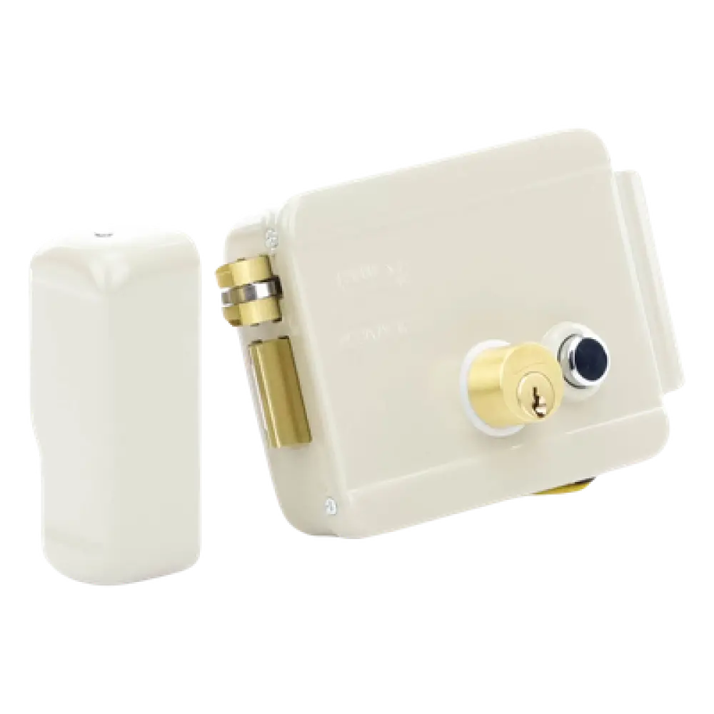 Cerradura Eléctrica / Doble Cerrojo / 12 VCC/VCA / Consumo 2 A/4 A / Botón Integrado / Izquierda / Exterior